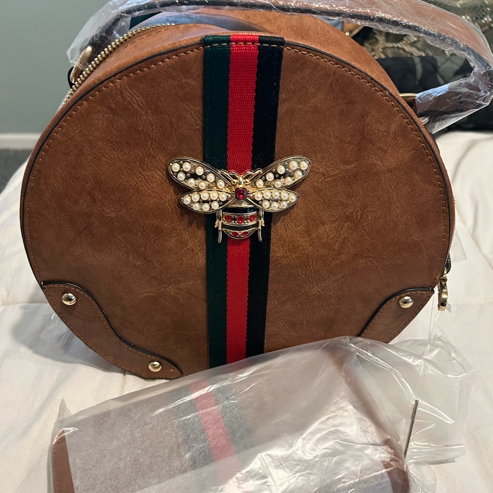 Brown Bee Embellished Bag With Matching Wallet